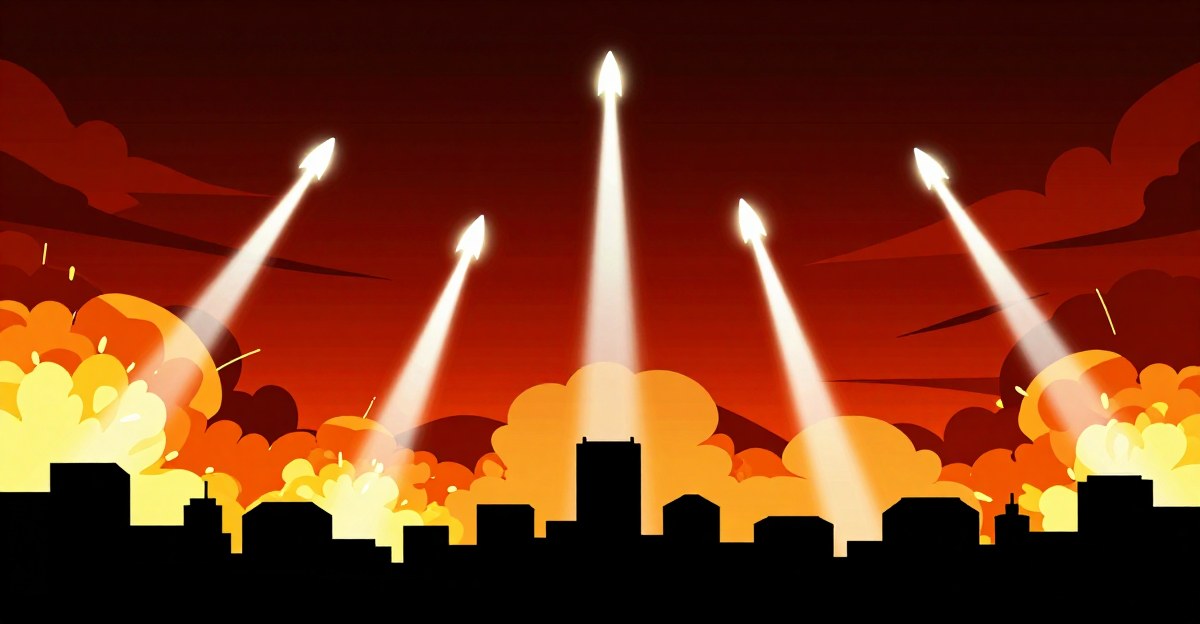 Juego Missile Attack retro con misiles interceptores saliendo de tres baterías sobre una ciudad en silueta bajo un cielo rojo apocalíptico